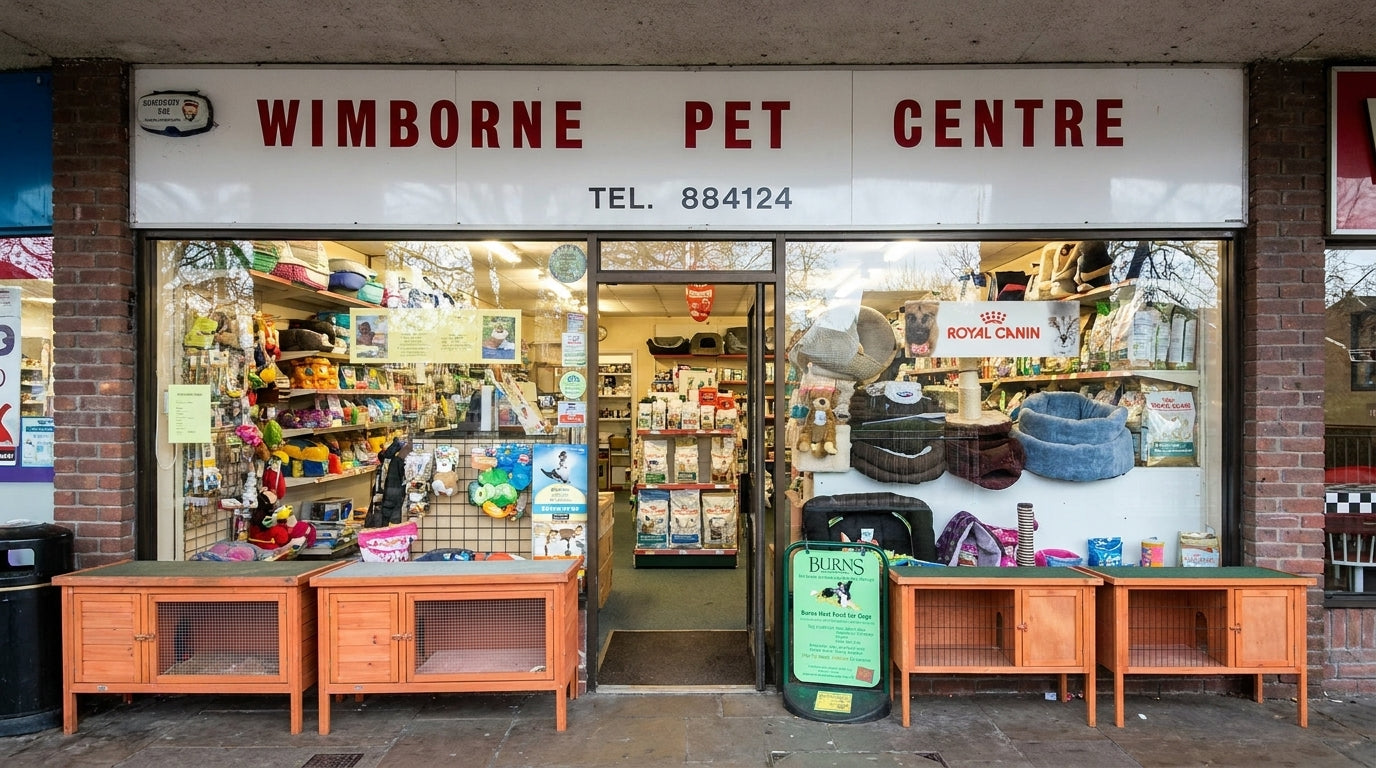 Wimborne Pet Centre storefront with pet supplies displayed inside